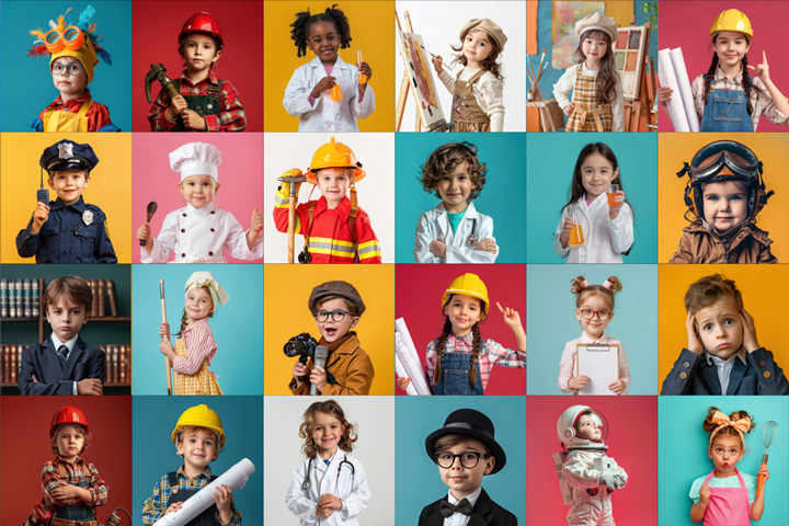 children dressed up with colorful backgrounds