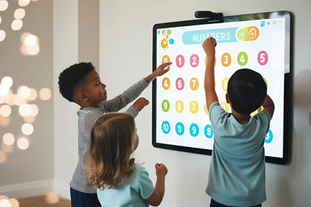Preschool children using interactive board for early reading preschool Pembroke Pines activities - Learning Village Early Reading