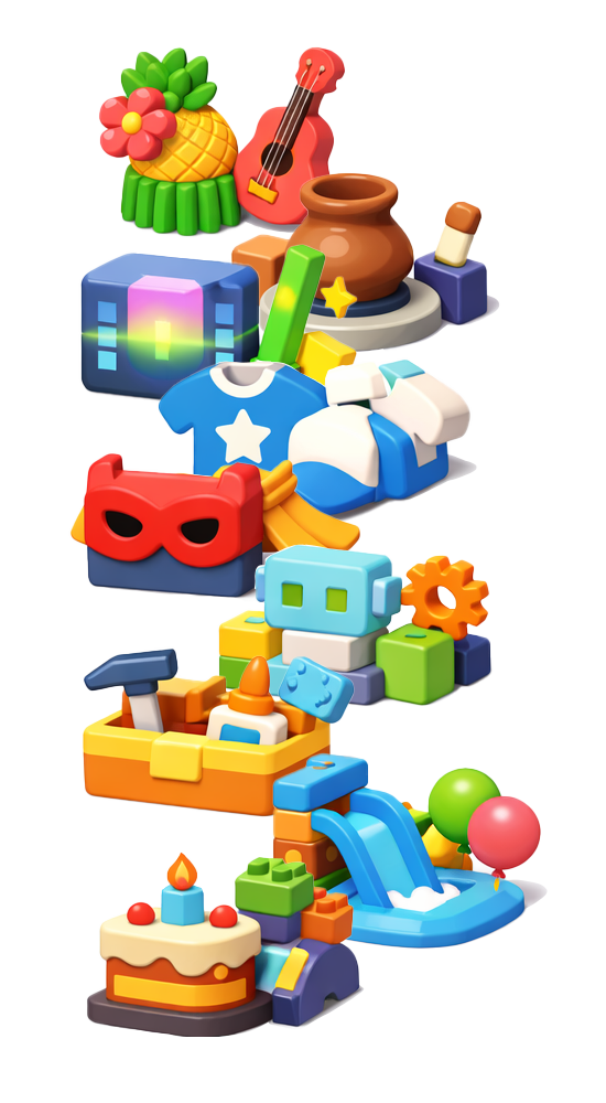Colorful 3D icons representing kids summer camp activities including music, arts and crafts, STEM, dress-up, building, and water play at Learning Village Daycare and Preschool